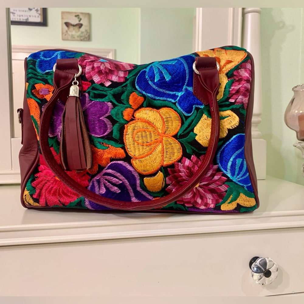 New Duffel Bag Embroidered. Leather. Cherry Rich Color.